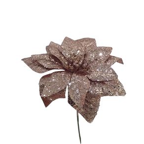 Enfeite Decorativo Flor C/glitter 15cm Champanhe
