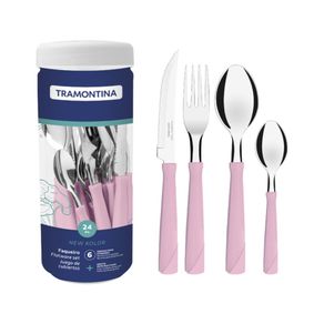 Faqueiro Tramontina New Kolor Com Laminas Em Aco Inox e Cabos de Polipropileno Rosa 24 Pecas